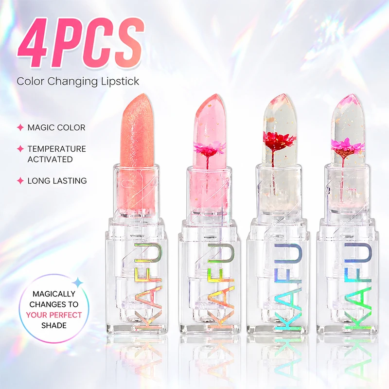 4pcs Temperature Jelly Color Changing Glitter Lipstick Set Moisturizing Lip Tint Korean Makeup Pink Sexy Lip Balm Lips care lip Makeup Women Gifts Lipstick no Fixed Color