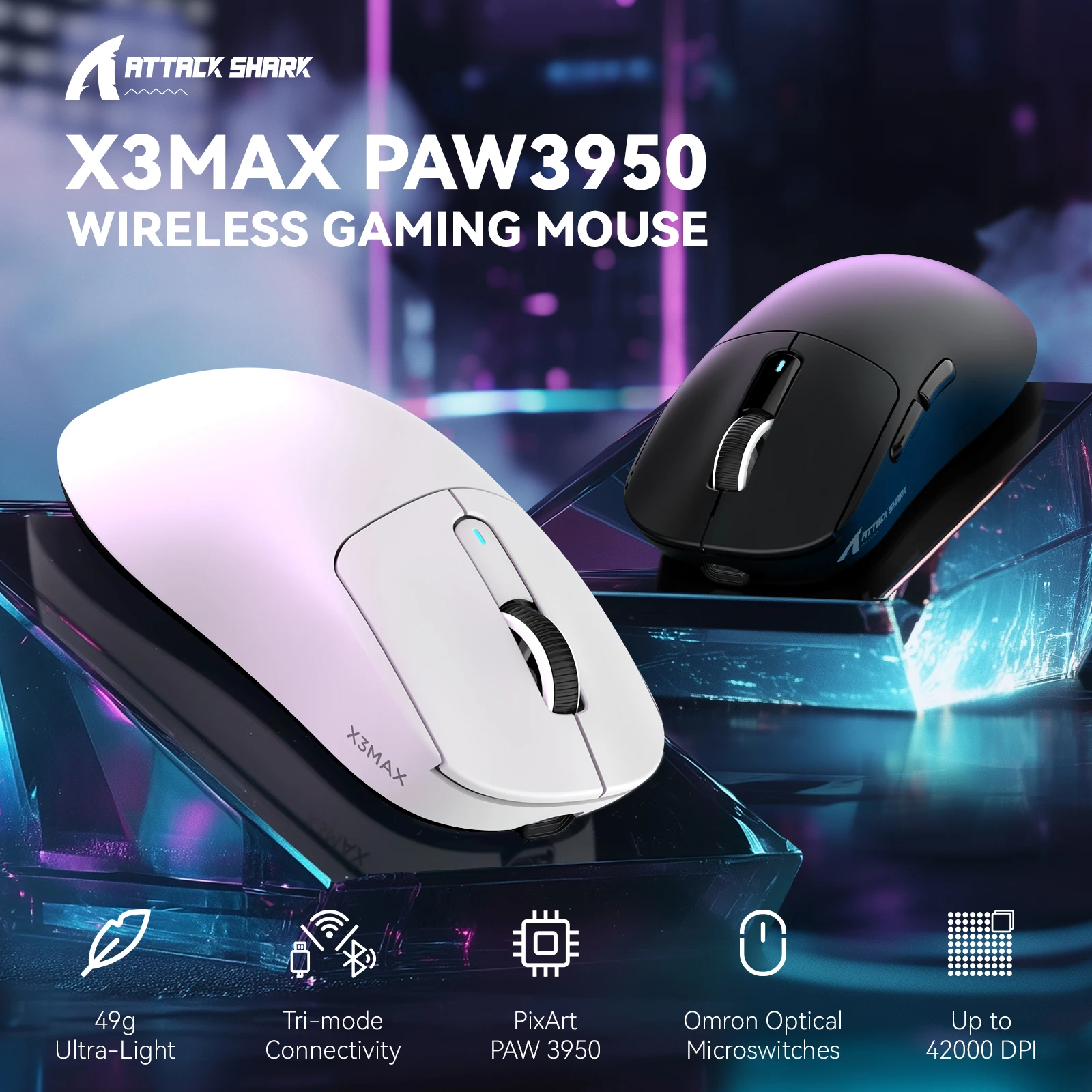 ATTACK SHARK X3 MAX Wireless Gaming Mouse, 49g Ultralight, PixArt PAW3950 42000 DPI,Tri-mode(BT5.4/2.4GHz/USB-C, 1K Polling Rate