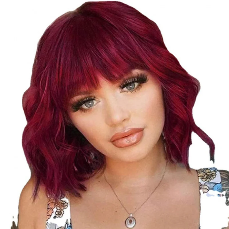 

Европейский и американский стиль: короткий кудрявый парик винного цвета с челкой и эффектом водной волны, синтетический парик для женщин