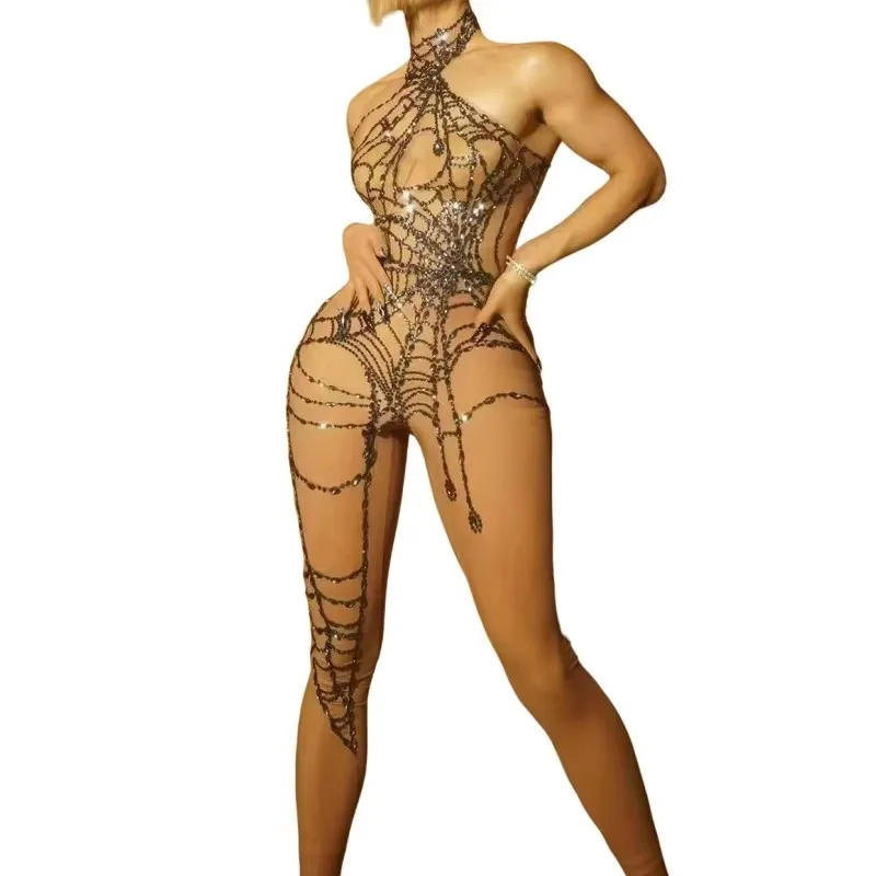 タイトなジャンプスーツバーナイトクラブセクシーな透明な光沢のあるラインストーンレオタードパフォーマンスダンス服フェスティバルパーティーコスプレ衣装