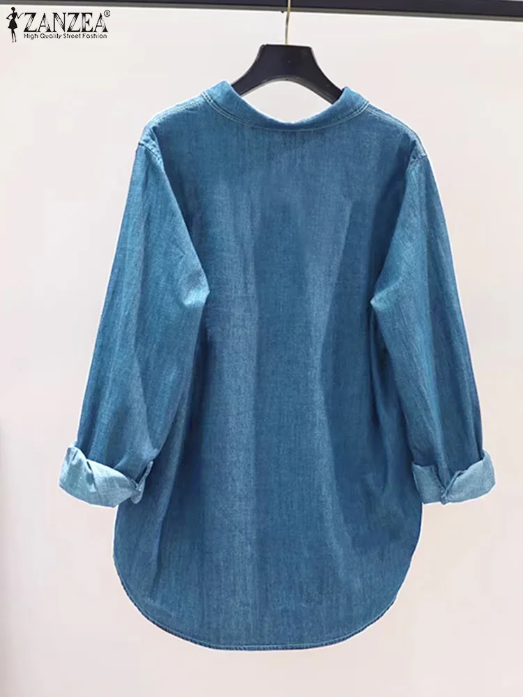 ZANZEA Fashion Women Denim Shirt 2024 Spring Denim Loose Buttons Top Vintage Long Sleeve Shirt Blue Retro Lapel Blusas Oversized