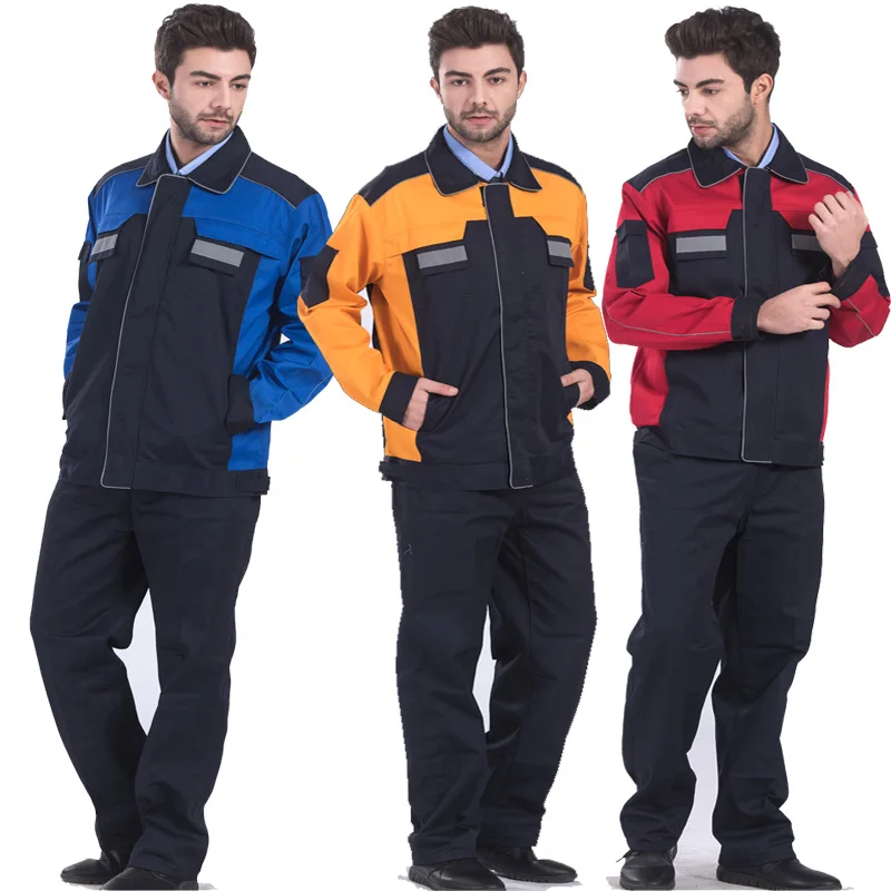 Mens Polyester Cotton Reflective Workwear Jacket and Trousers Work Set Clothing with Reflective Stripe