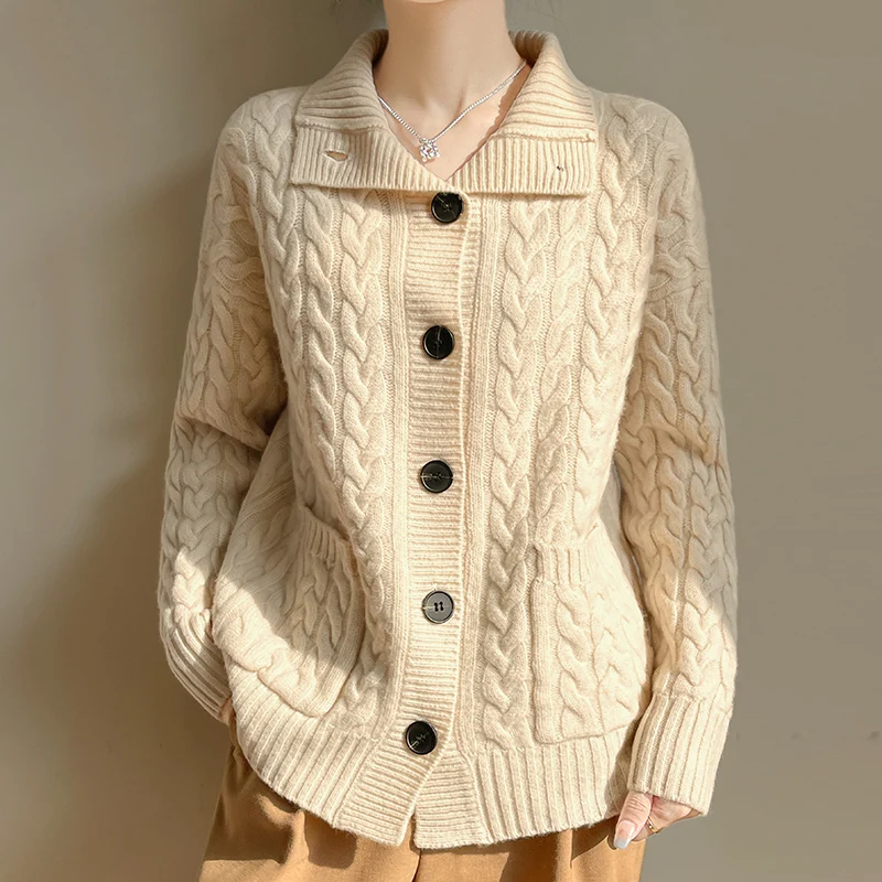 

Winter New Women's 100% Australian Wool Cardigan Thickening Knitted Sweater Flip collar Twisted pattern style Loose Basic tops