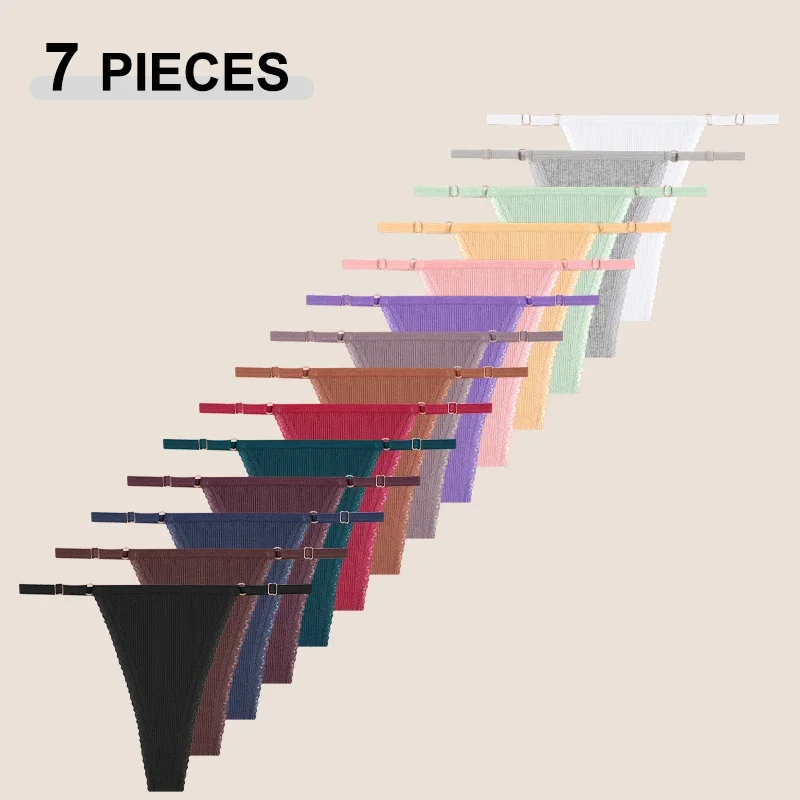 7Pcs/Set Cotton Patchwork Lace Panties Women Solid Color Low Waist Thongs Female Adjustable Round Buckle Belt G-Strings