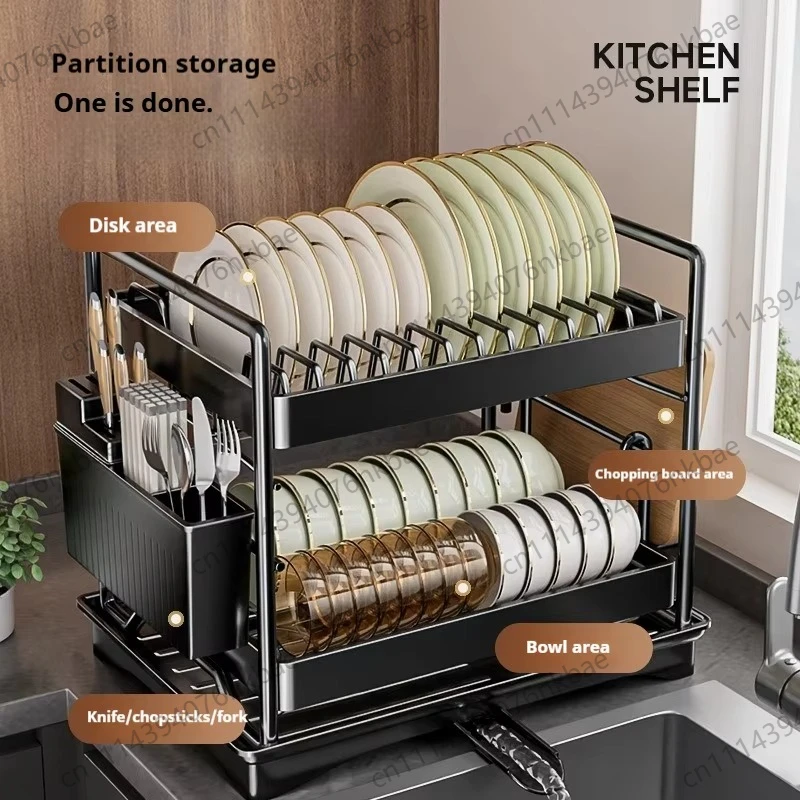 2-Tier Compact Dish Drying Rack with Drainboard, Rust-Proof Large Capacity Dish Drainer with Utensil Holder for Kitchen Counter