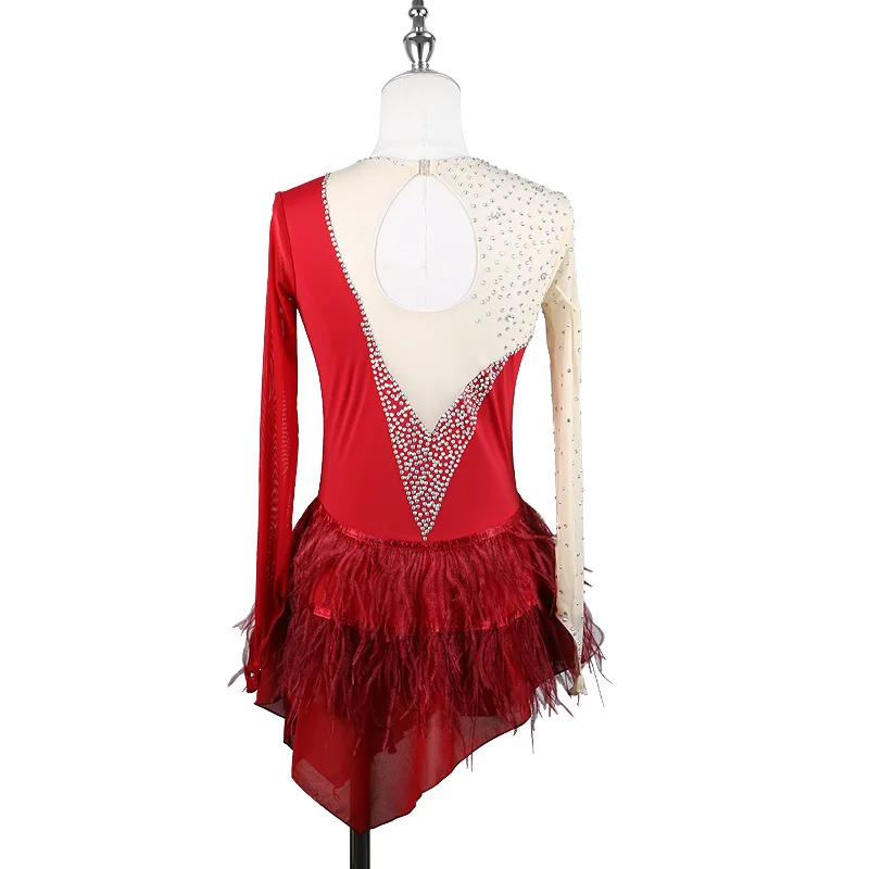 Ice Figure Skating Performance Dress Girls Women\'s Long Sleeves For Latin Dance With Gymnastics Long Skirt Ostrich hair