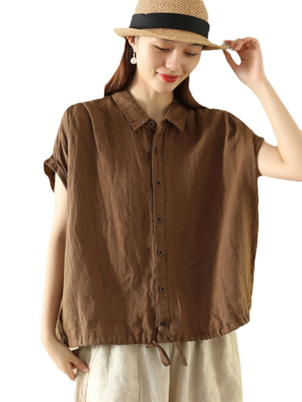 レトロなコットンリネン、またはスウェット素材の女性用Dストリングカジュアルシングルボタンリネントップ、ブランド仕立てのゆったりフィット通勤服