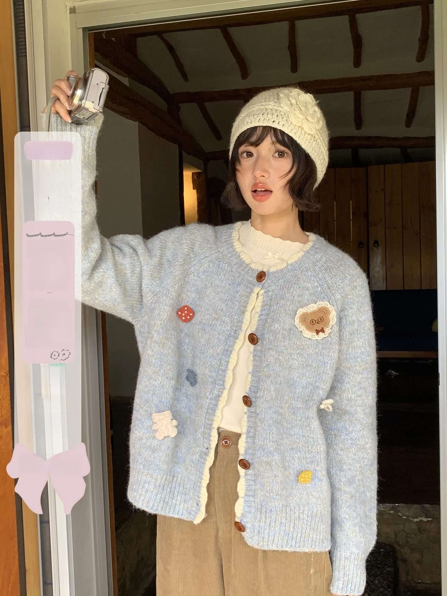 

Синий вязаный кардиган с брошью-медведем, женский свитер, свободный крой, длинный рукав, круглый вырез, на пуговицах, осень-зима