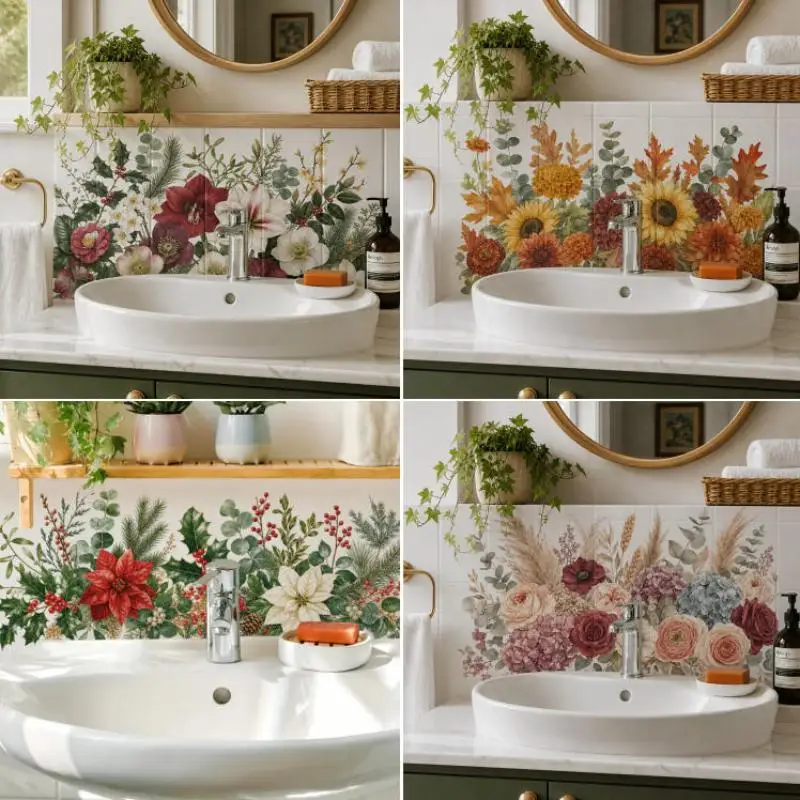 Fresh Floral Pattern Sink Area Background Wall Sticker Bathroom Wall Decoration Self-Adhesive Removable Waterproof Creative Stic