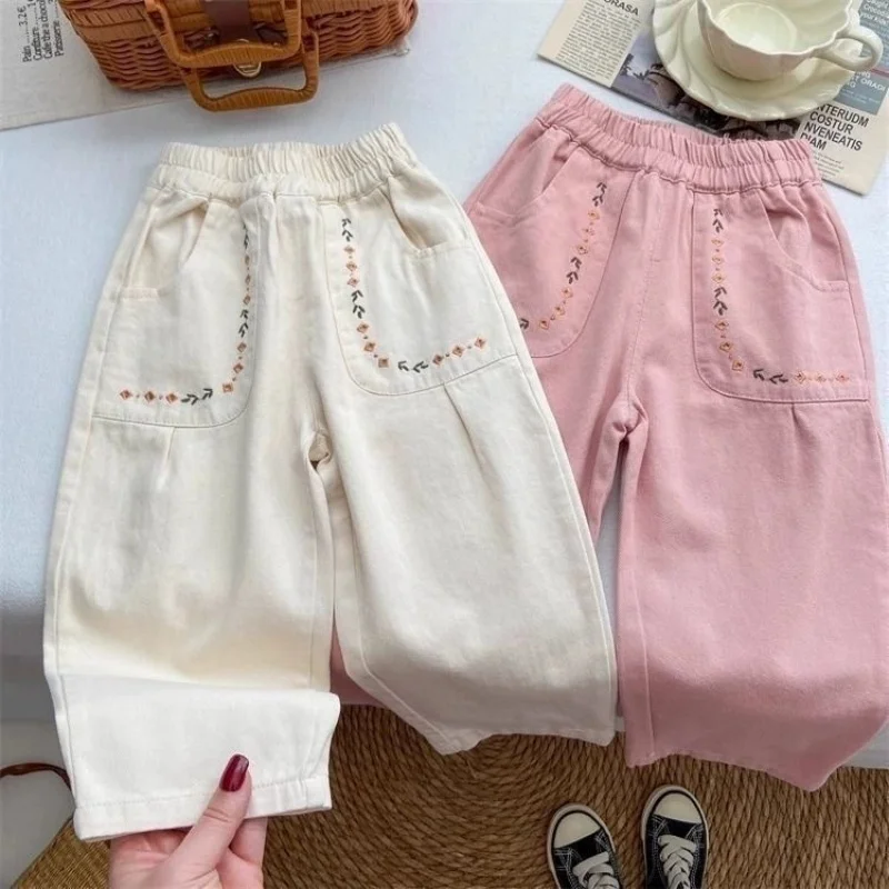 

Kids Girls Pants 2026 Summer New Children's Embroidered Cotton Cute Flower Casual Pants Trousers 2-8 Years Old