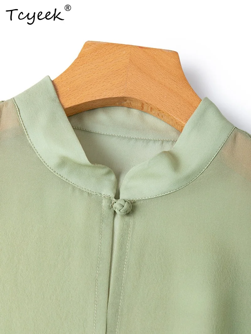 Tcyeek 100% Real Mulberry Silk Woman Tops 2026 Summer Elegant Green Sun Protection Long-sleeved Shawl Female Clothing Ropa Mujer