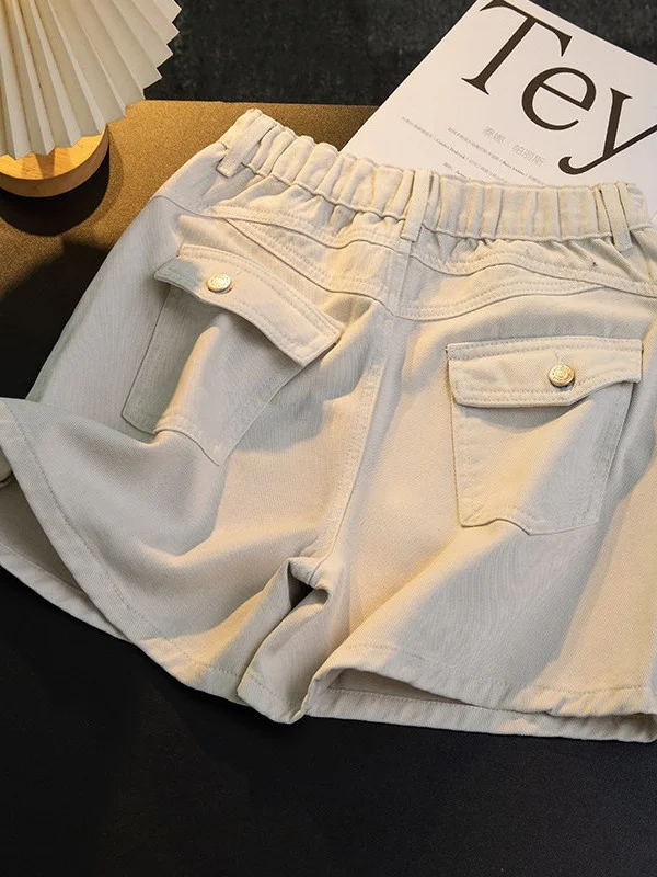 

Slim Fit Denim Shorts Women's Summer Thin Version A-Line Elastic Waist Four-Fold Lyocell Wide Leg Hot Pants Casual Wear
