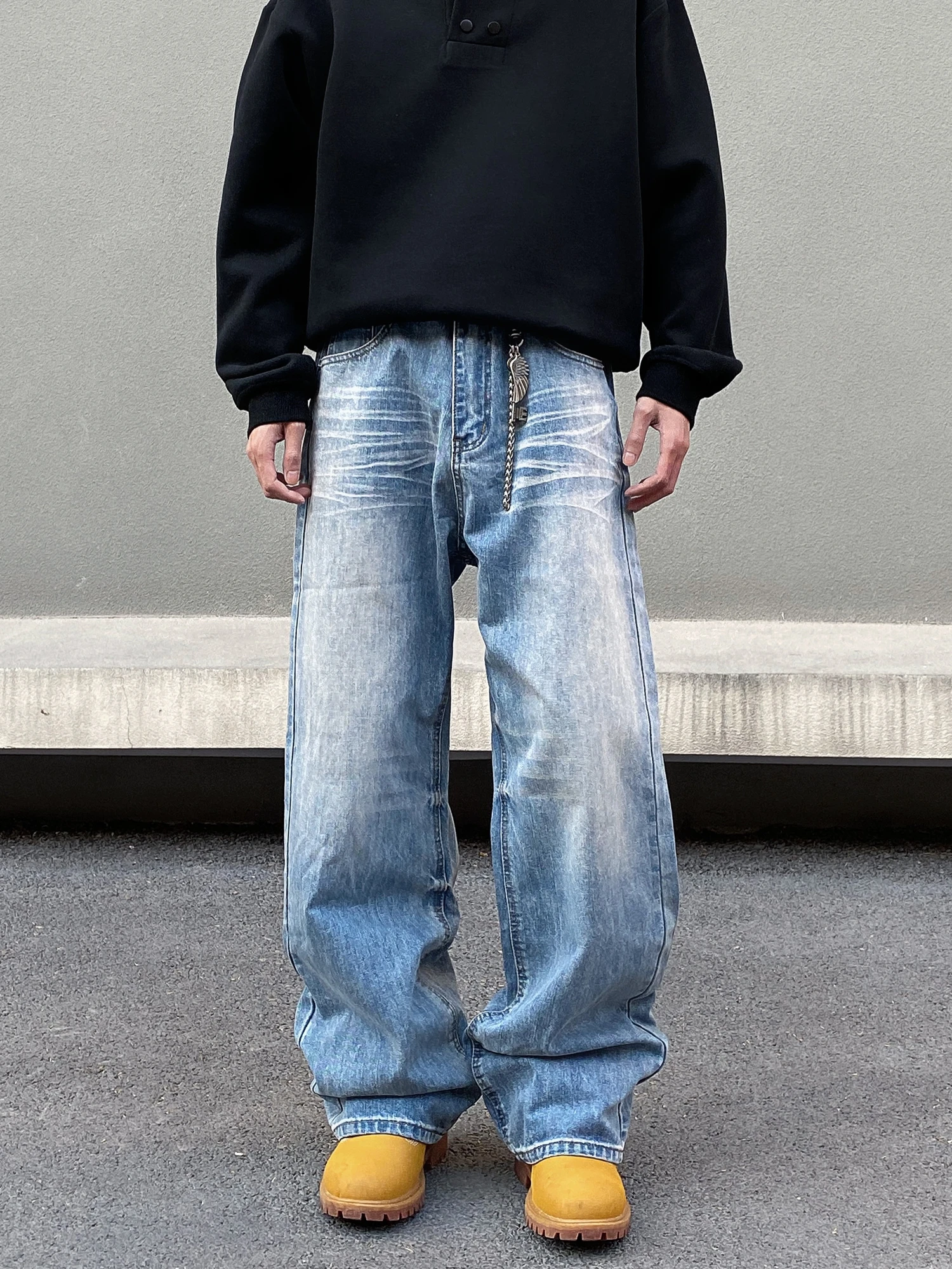 

Американские джинсовые брюки с талией в стиле ретро, мужские свободные прямые джинсы с широкими штанинами, молодежные повседневные длинные брюки с высокой талией и пуговицами