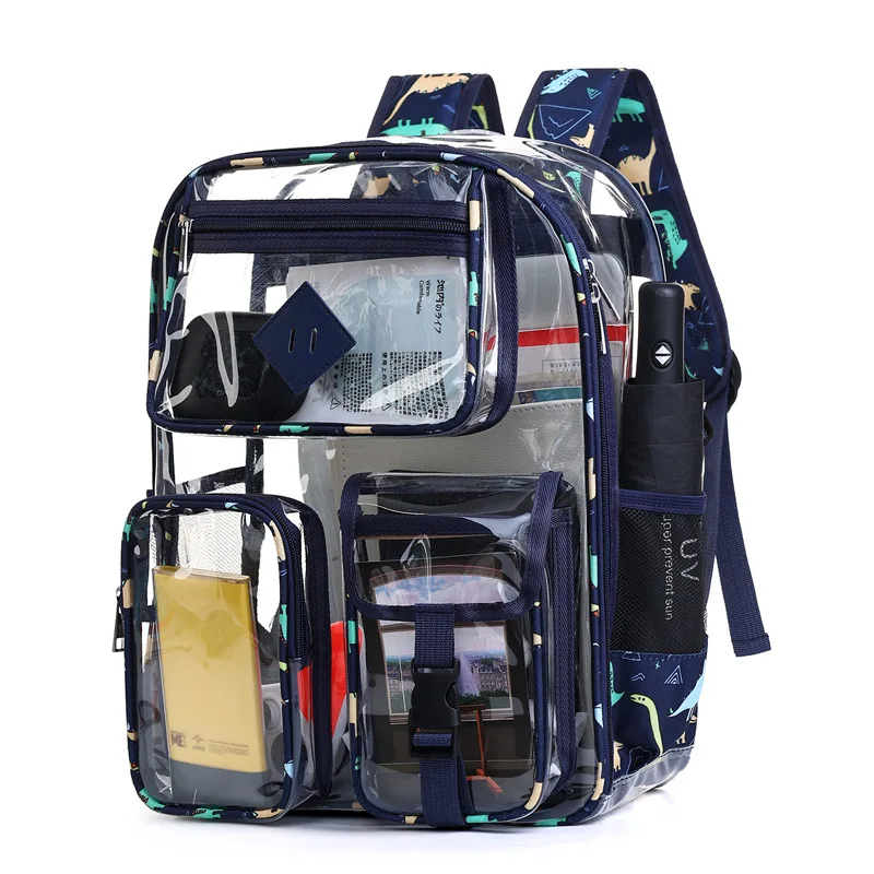 Transparent pvc backpack with large capacity, graffiti pattern cartoon shoulder strap, student pvc transparent ita bag