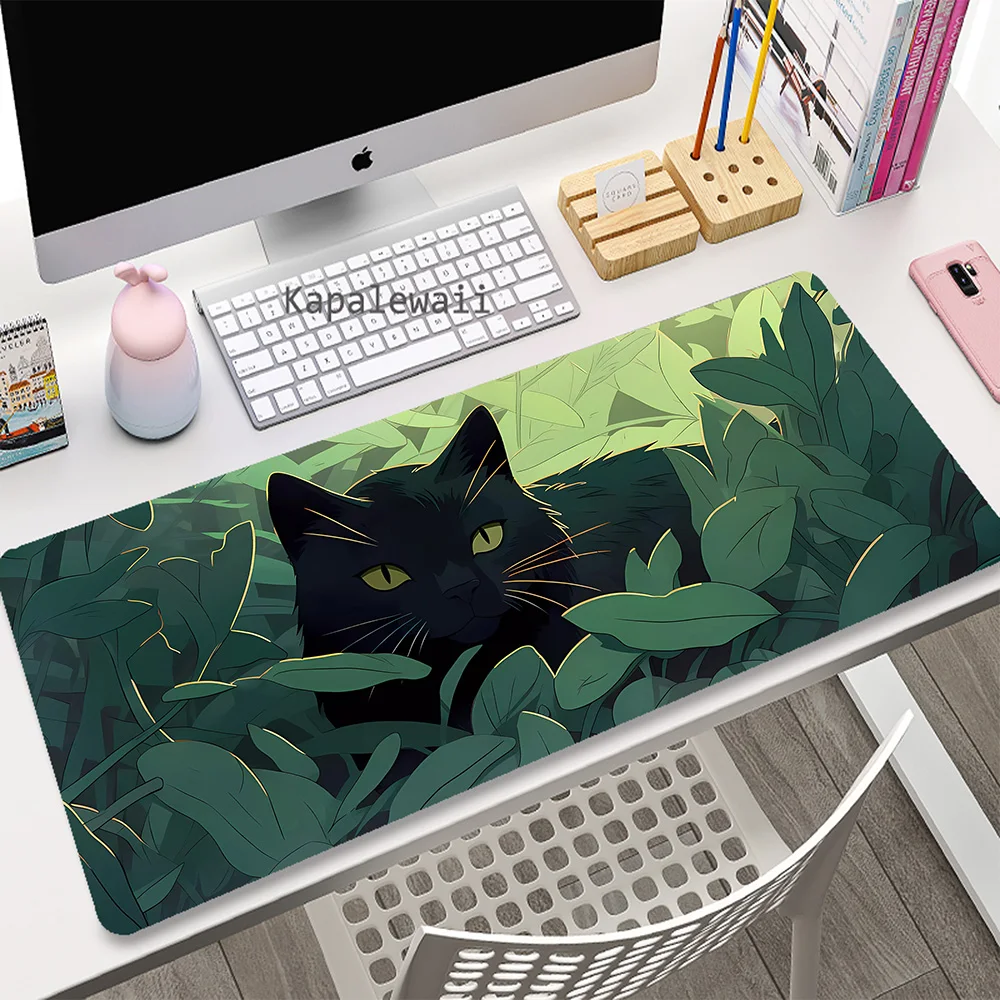 Tapis de souris Gaming Green Plant grand tapis de souris chat noir accessoires vitesse Gamer tapis de clavier tapis de bureau en caoutchouc antidérapant 90x40cm