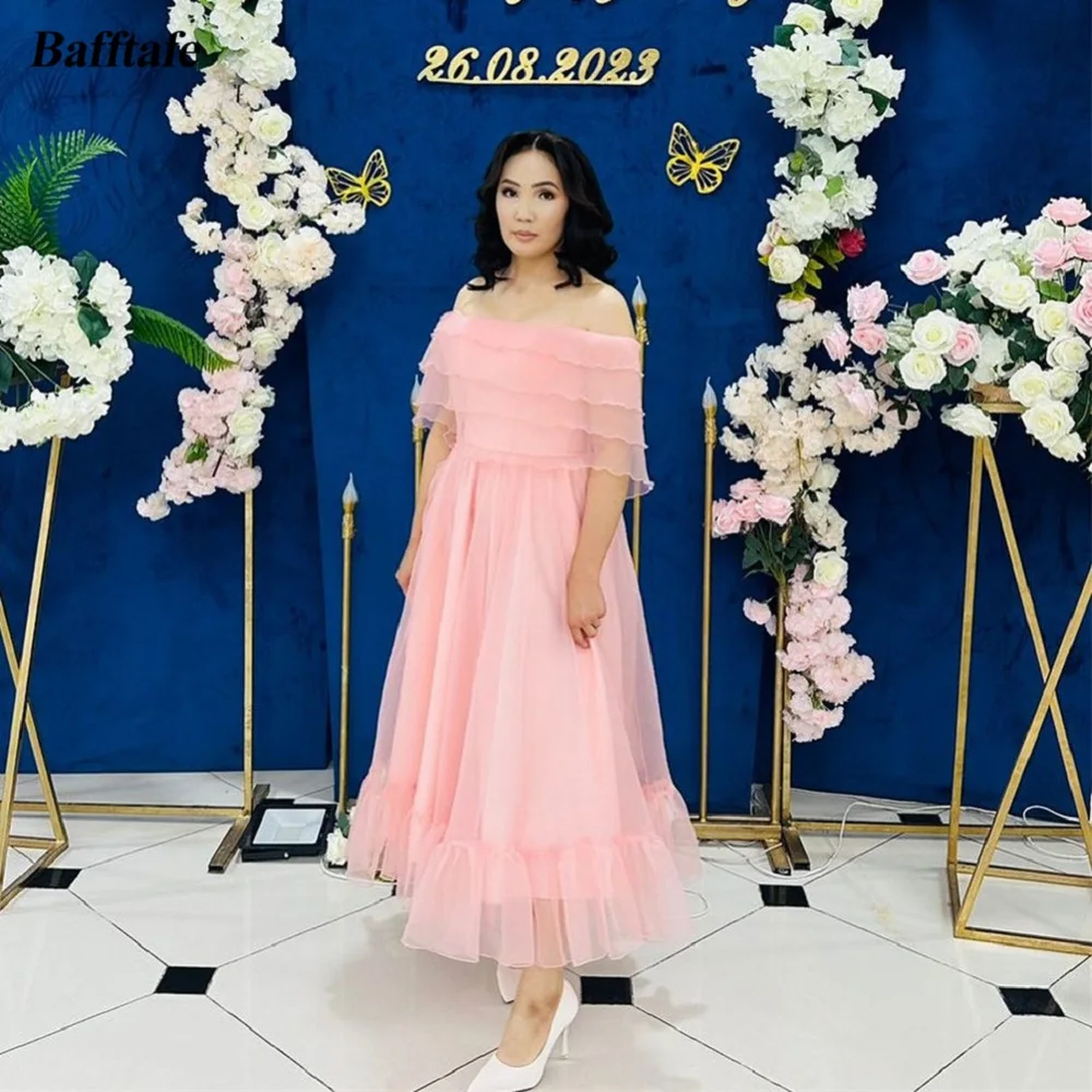 Baftafe Blush Roze Organza Korea Midi Prom Jurken Gelaagde Muts Mouwen Plooi Rok Formele Feestjurk Specail Avondjurken