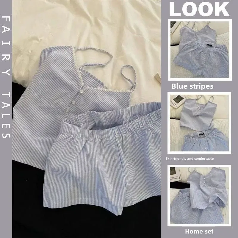 New Women's Summer Outfit: Strappy Shorts with Chest Padding, Women's Summer Cloud Cotton Sweet Blue Striped Loungewear Set