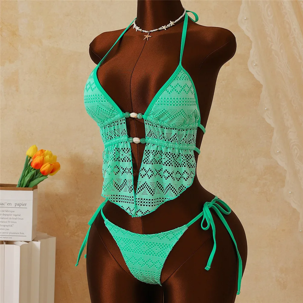 Light Green Mesh Solid Swimwears Bead String Halter Tops Bikinis Sets Micro Thong Sexy Swimsuit Women Bathing Suit Bikini Femmes