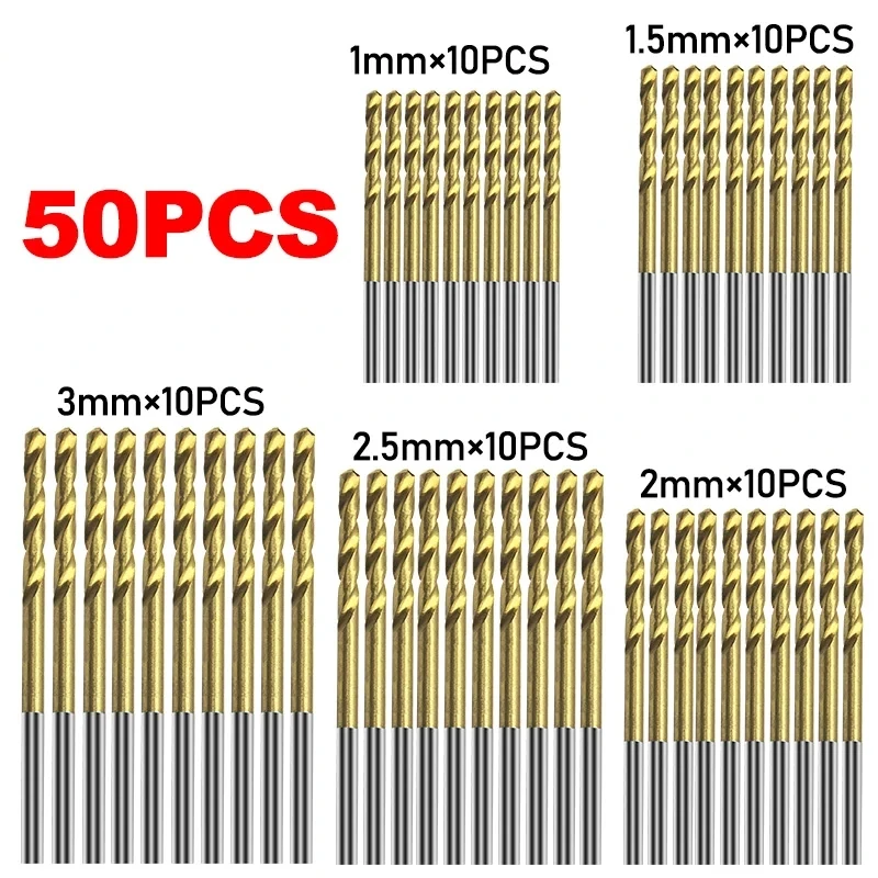 50pcs Titanium Coated Drill Bits Set 1/1.5/2/2.5/3mm titanium plated high-speed steel For Metal Wood Aluminum Drilling Tools