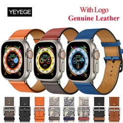 Logo 100% Genuine Leather Loop Bracelet Band For Apple Watch series 8 7 41mm 45mm Strap For iWatch Ultra 49mm 44mm 40 42mm 38mm