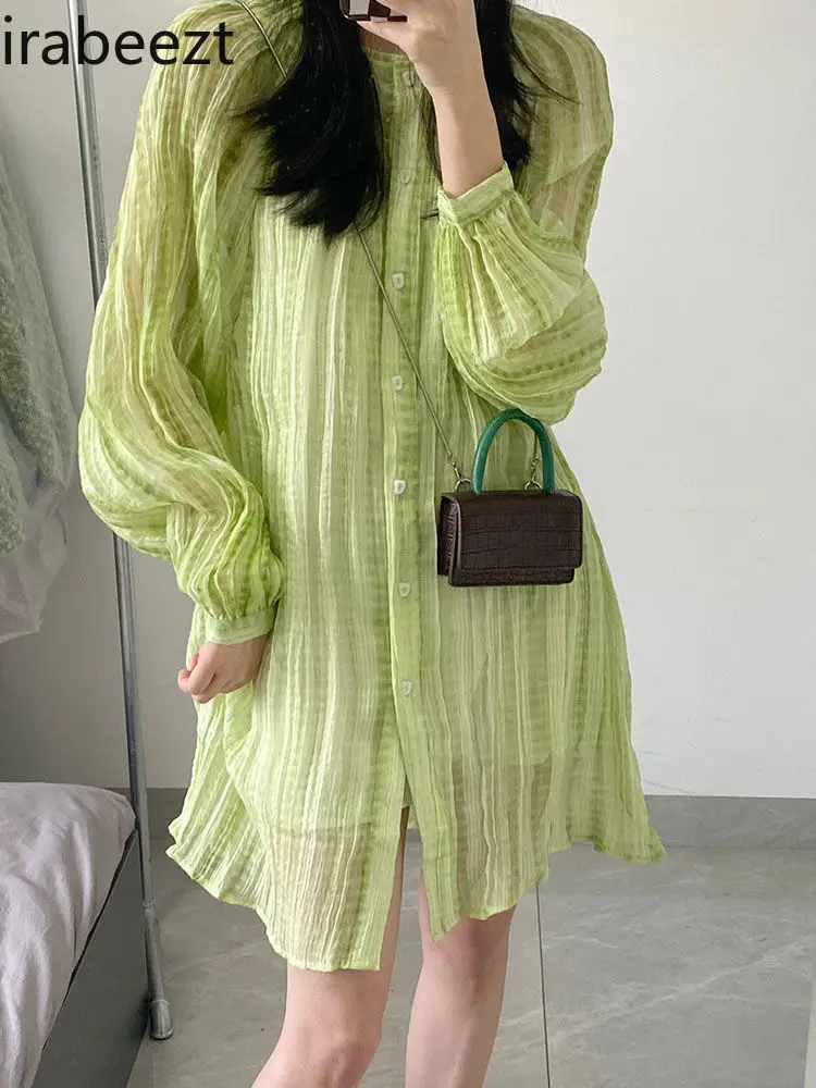 Green Shirt Dress Women Spring and Autumn Design Small Niche High-end Small Midlength Robe Women Clothing Long Blouse