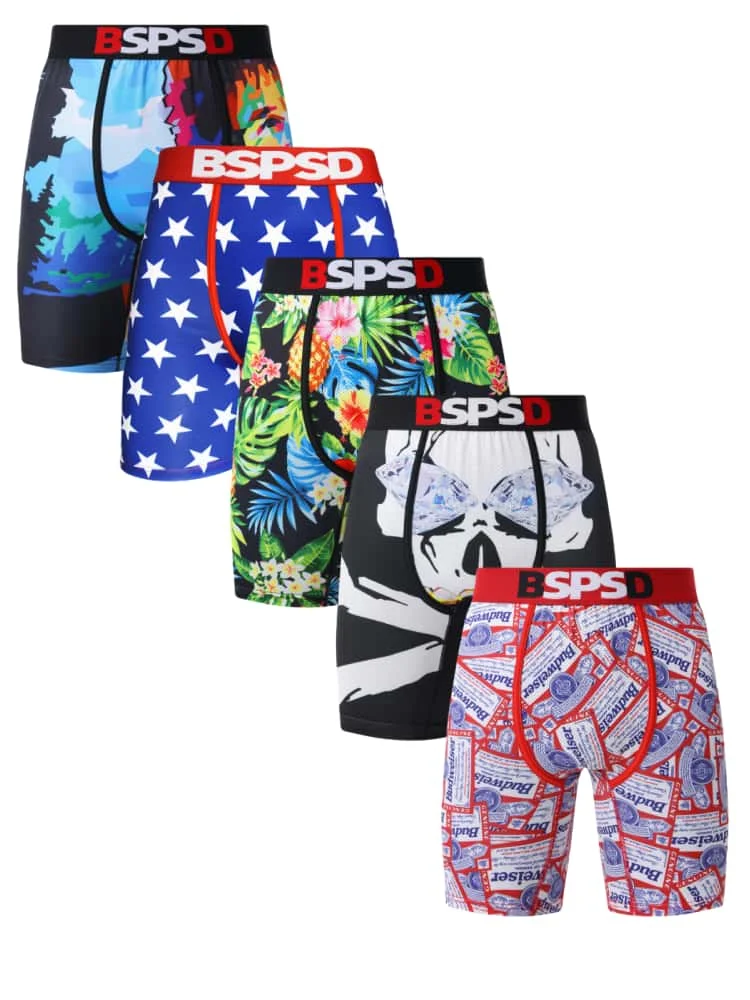 

5Pcs Men Underwear Boxers Breathable Man Swimming Underpants Plus Size Print Mens Panties Trunks Sexy Men's Boxershorts