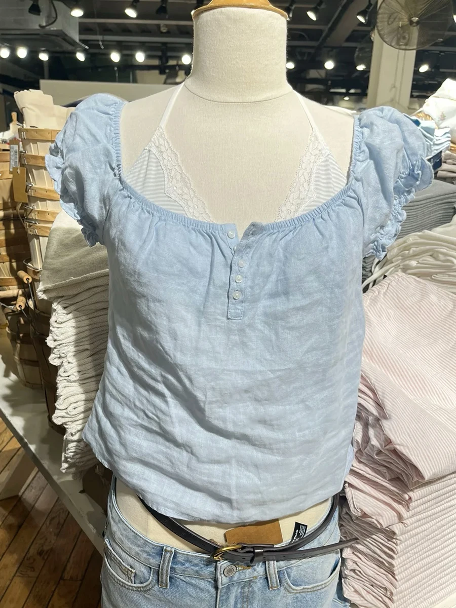 

Синяя хлопковая футболка с тонкими пышными рукавами, женская летняя футболка с пуговицами и овальным вырезом сзади, тонкие футболки на шнуровке, винтажные однотонные простые милые топы, новинка