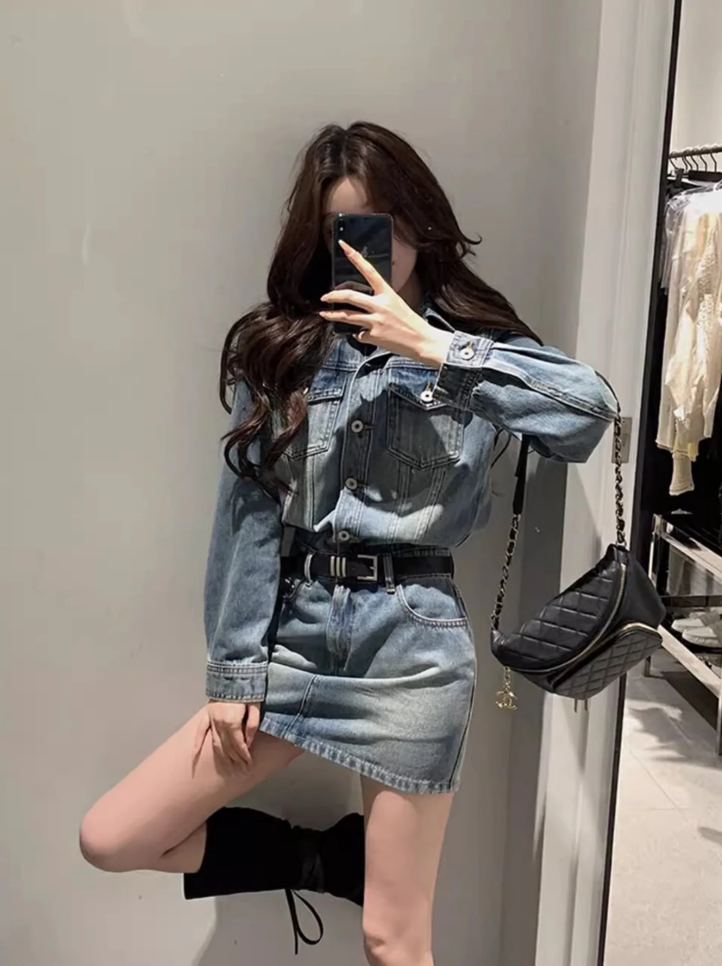 

Retro Denim Dr Women's Long Sve Slimming Ele Hot Girl Wrap around Skirt Pants High Waist Straight Cut Commute Sle