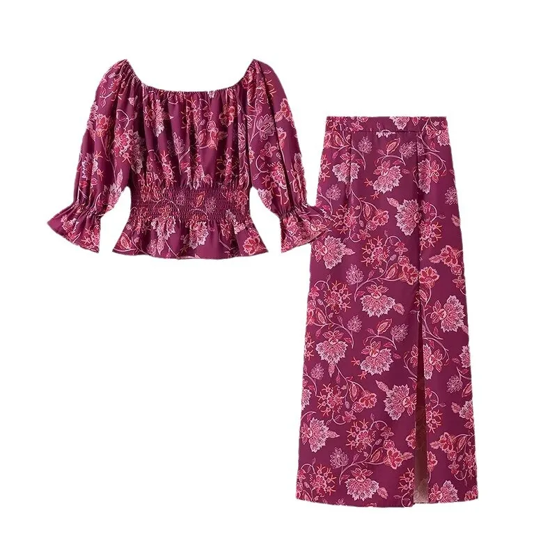 Women's Fashion Printed Off-Shoulder Rose Red Long Sleeve Shirt Printed Floral Top And High Slit Skirt Elegant Party Outfit JW22 view 5