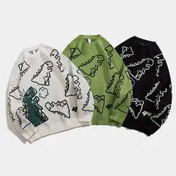 Couple Sweater O Neck Long Sleeves Elastic Anti-shrink Pullover Warm Knitting Cartoon Dinosaur Print Autumn Sweater for Daily