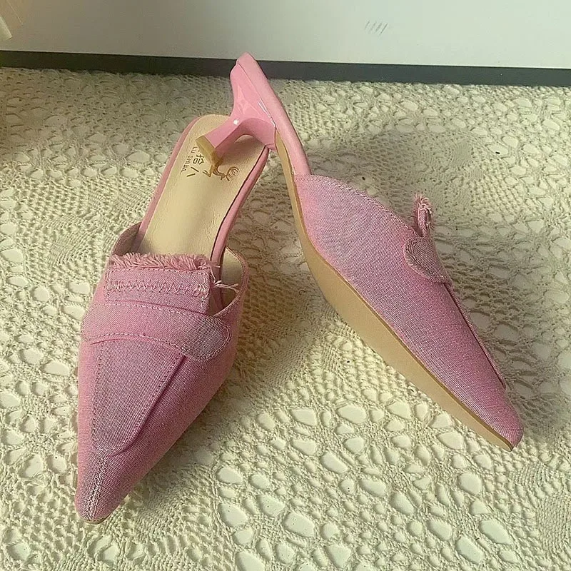 

Fashion Pointed Tip Sandals for Women British-style Pointed Toe Stiletto Heels Womens Slippers One-foot Half-slipped Women Shoes