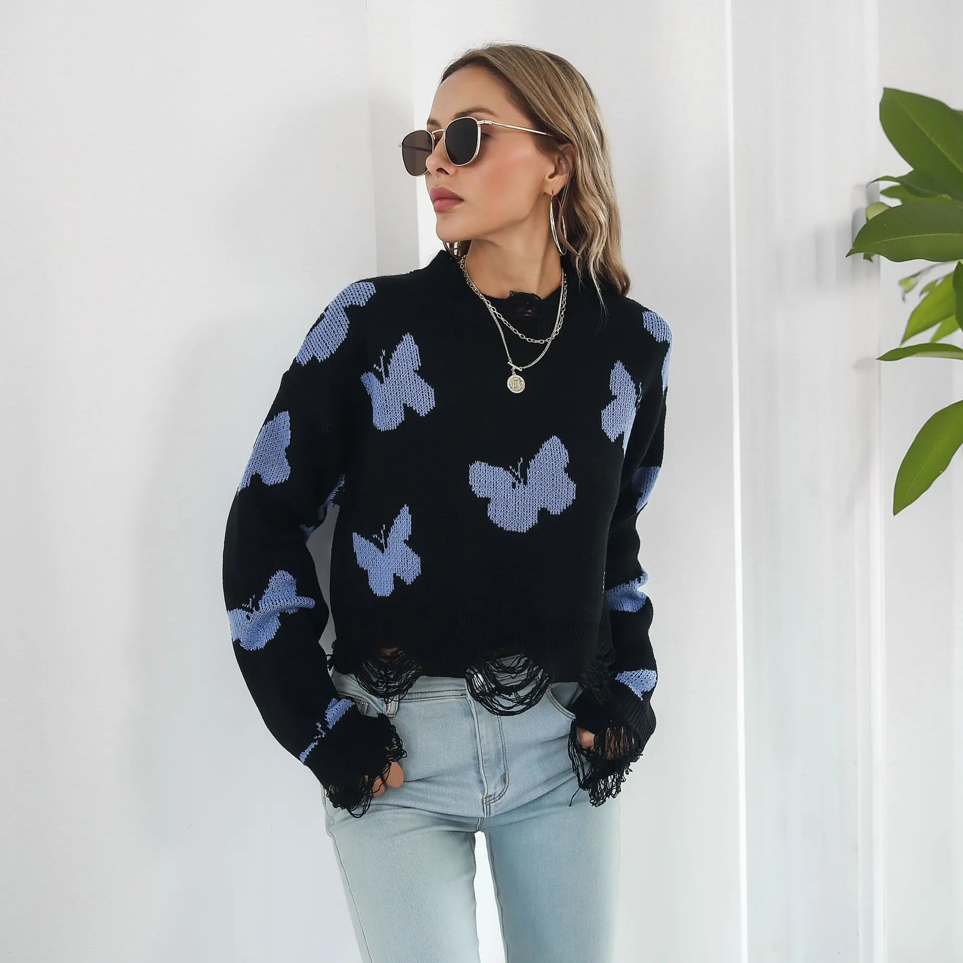 Casual Women's Clothing SweatersJumpers Pullovers O -Neck Poid Butterfly Tister Short Sweater Women's Autumn Winter Long Sleeved