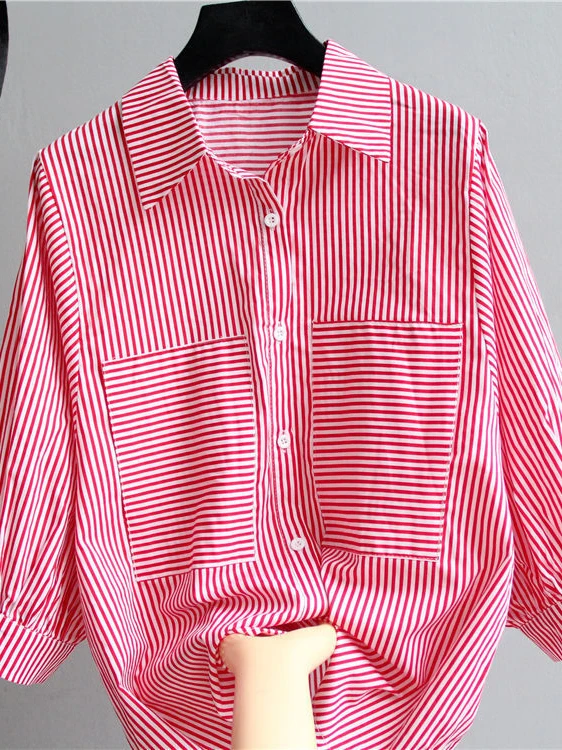 

Свободная корейская блузка в полоску больших размеров с рукавом 3/4 для весны и лета, скрывающая живот, стройнящая, для женщин