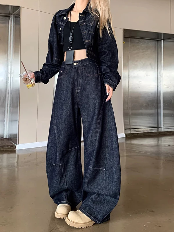

Retro American Large Size Original Color Deconstructed Short Denim Jacket Women's High Waist Wide Leg Pants Two Piece Set