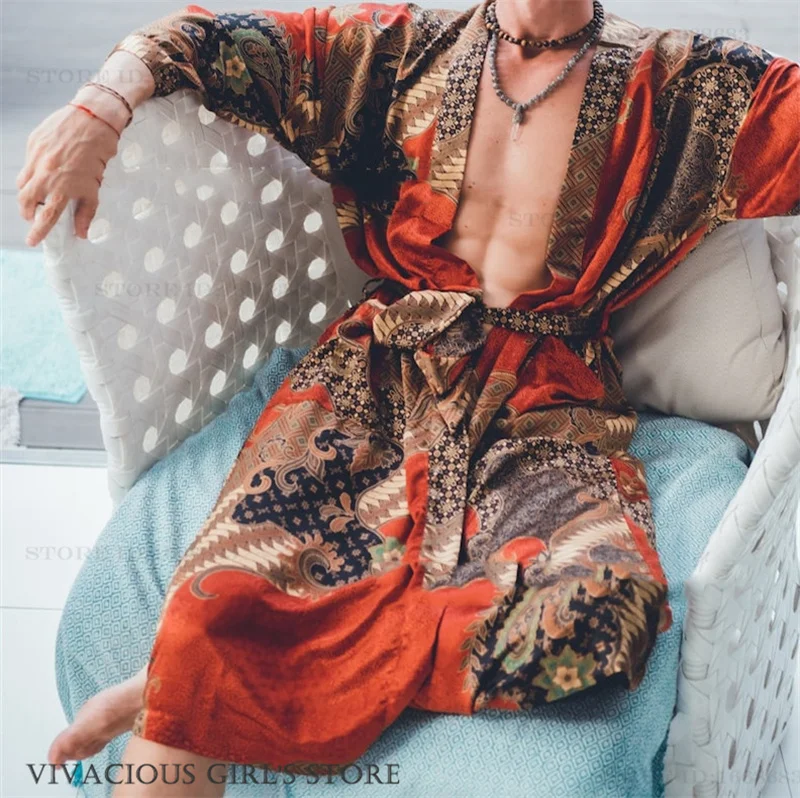 Plus Size Men's Robe Sleepwear Bohemian Style Print Kimono Bathrobe Gown Loungewear Loose Casual Satin Homewear Nightwear Pajama