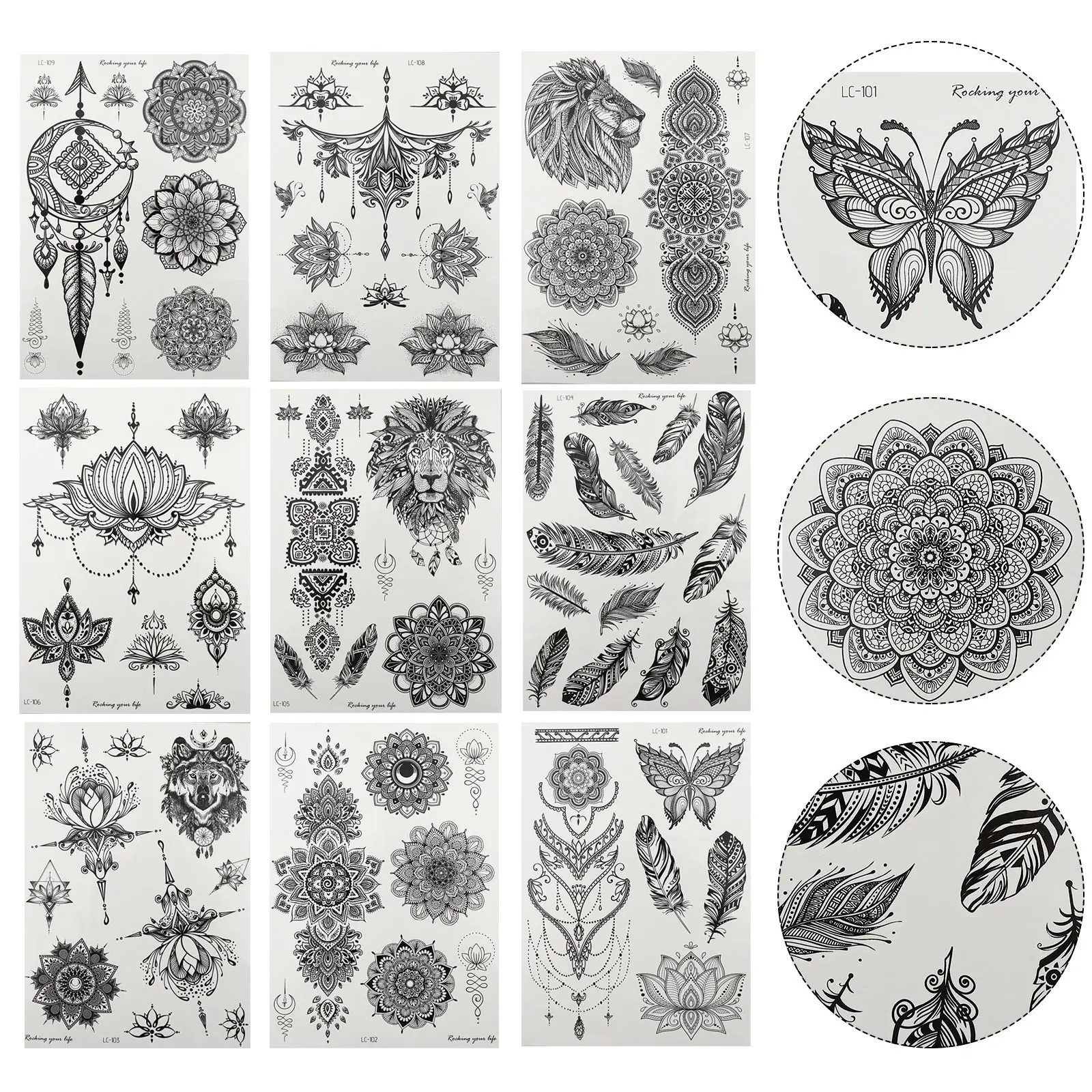 

9pcs Tattoos Waterproof Tattoos Stickers Body Floral Decals Sexy Neck Black White Temporary Safe Skin
