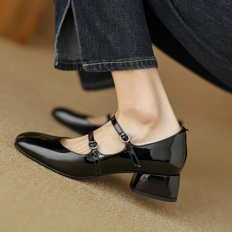 Thick Heels Spring Autumn Buckle Pumps Womens 2024 Shoes French Simple Shoes On Heel 5CM Korea Style Patent Leather Silver Pumps