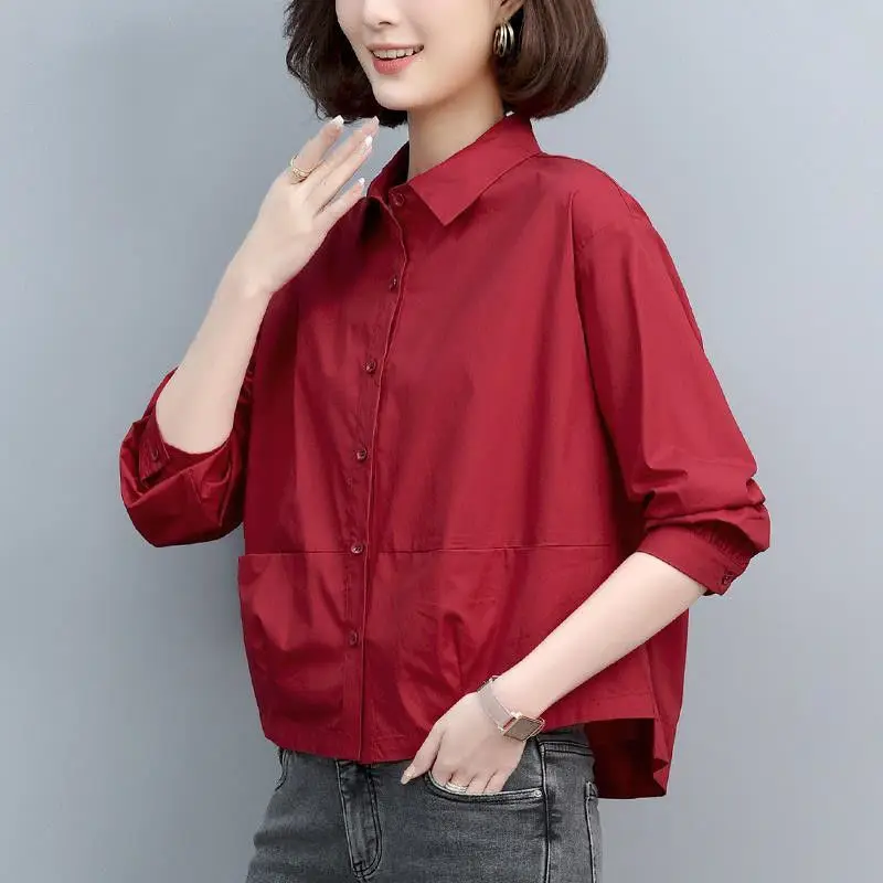 Blusa holgada con cuello vuelto para mujer, ropa sencilla con botones, informal, recta, a la moda, fina, para primavera y verano, 2023