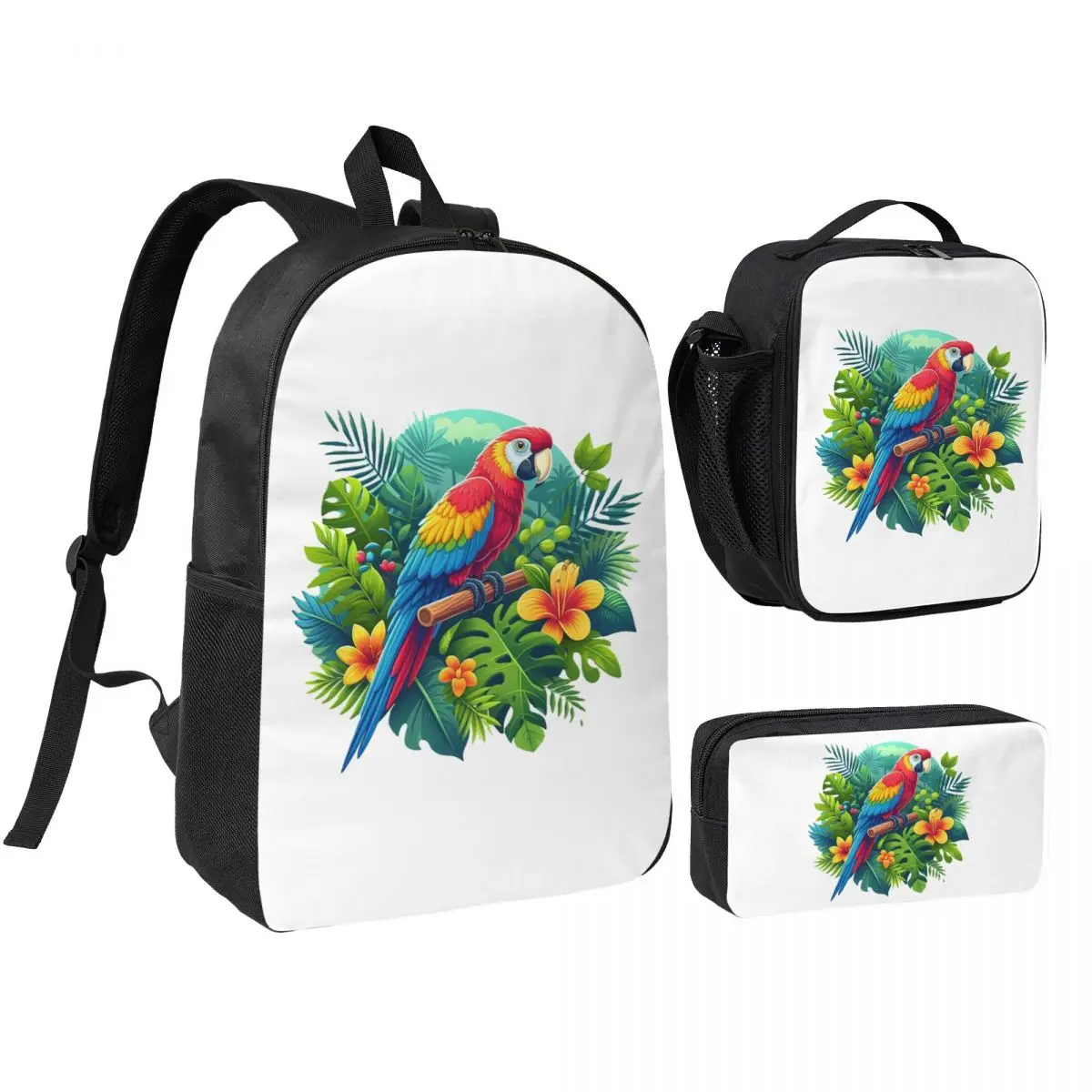 

Colorful Tropical Parrot With Flowers Print Backpack BookBag School Bag Computer Shoulder Bags 3ps Lunch Bag Pencil Case