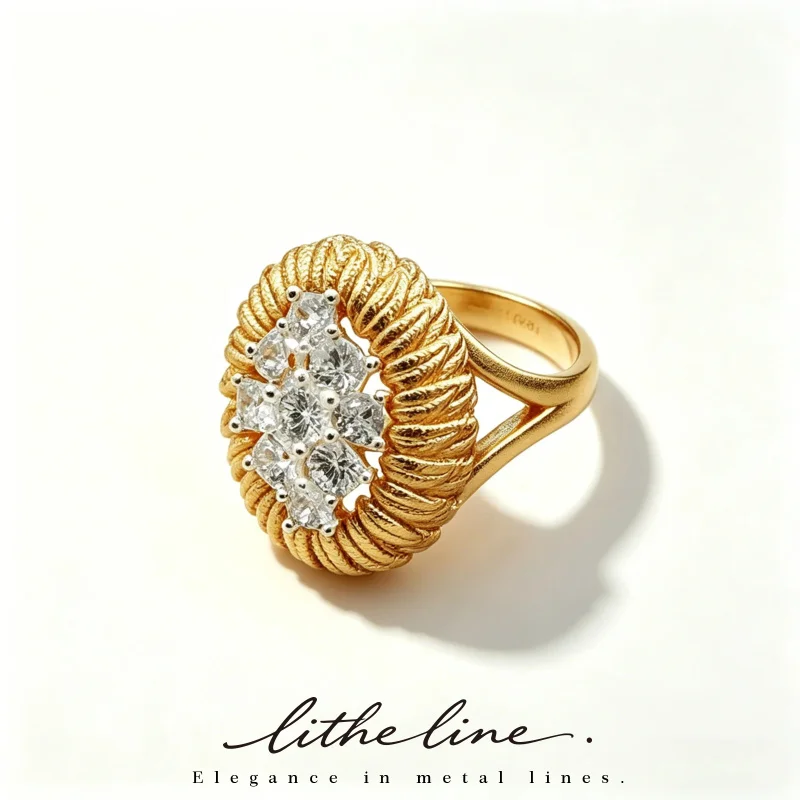 Litheline 24K Gold Plated Brass Rope-Textured Oval Ring, Marquise CZ Cluster Lead-free Nickel-Sensitive Piercings Friendly