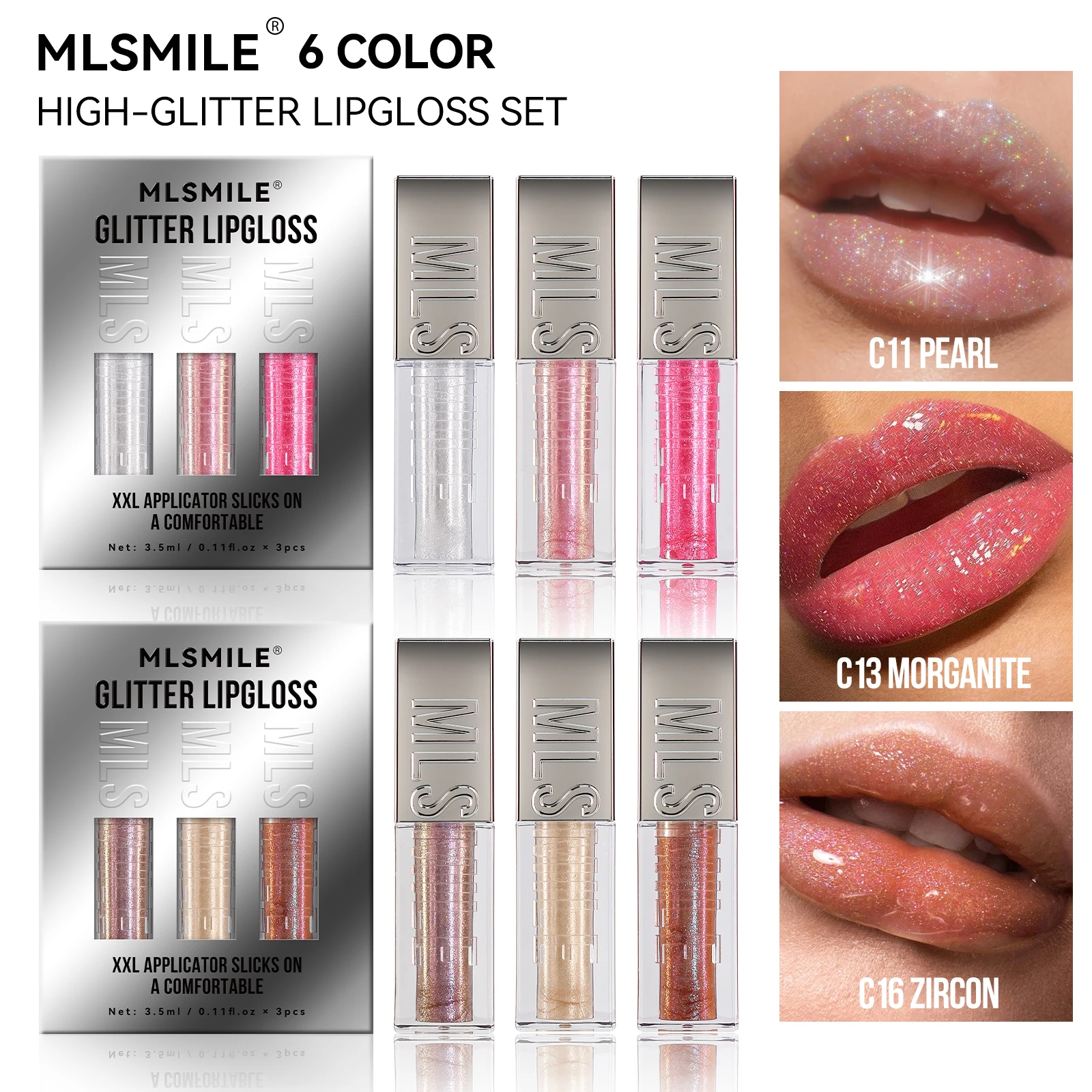 MLSMILE Burst Flash Lip Glaze Set,หัวแปรงขนาดใหญ่ Mirror Pearlescent Lip Honey,Fine Flash Liquid ลิปสติก 3 ชิ้น,วาเลนไทน์