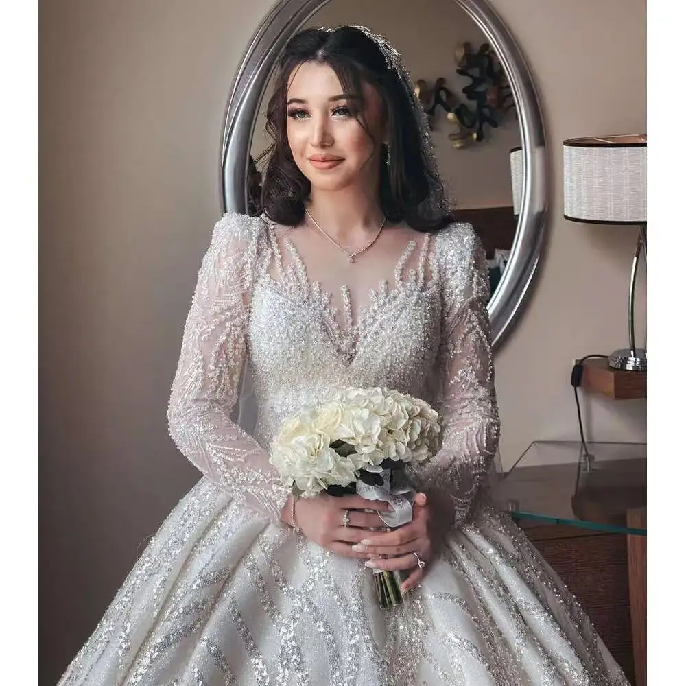 Maßgeschneidertes Luxus-Brautkleid mit Herzausschnitt und Langen Ärmeln, A-Linie mit Pailletten-Applikationen, Bodenlange Hochzeitsrobe 2026 Vestido De Noiva – Detail 3