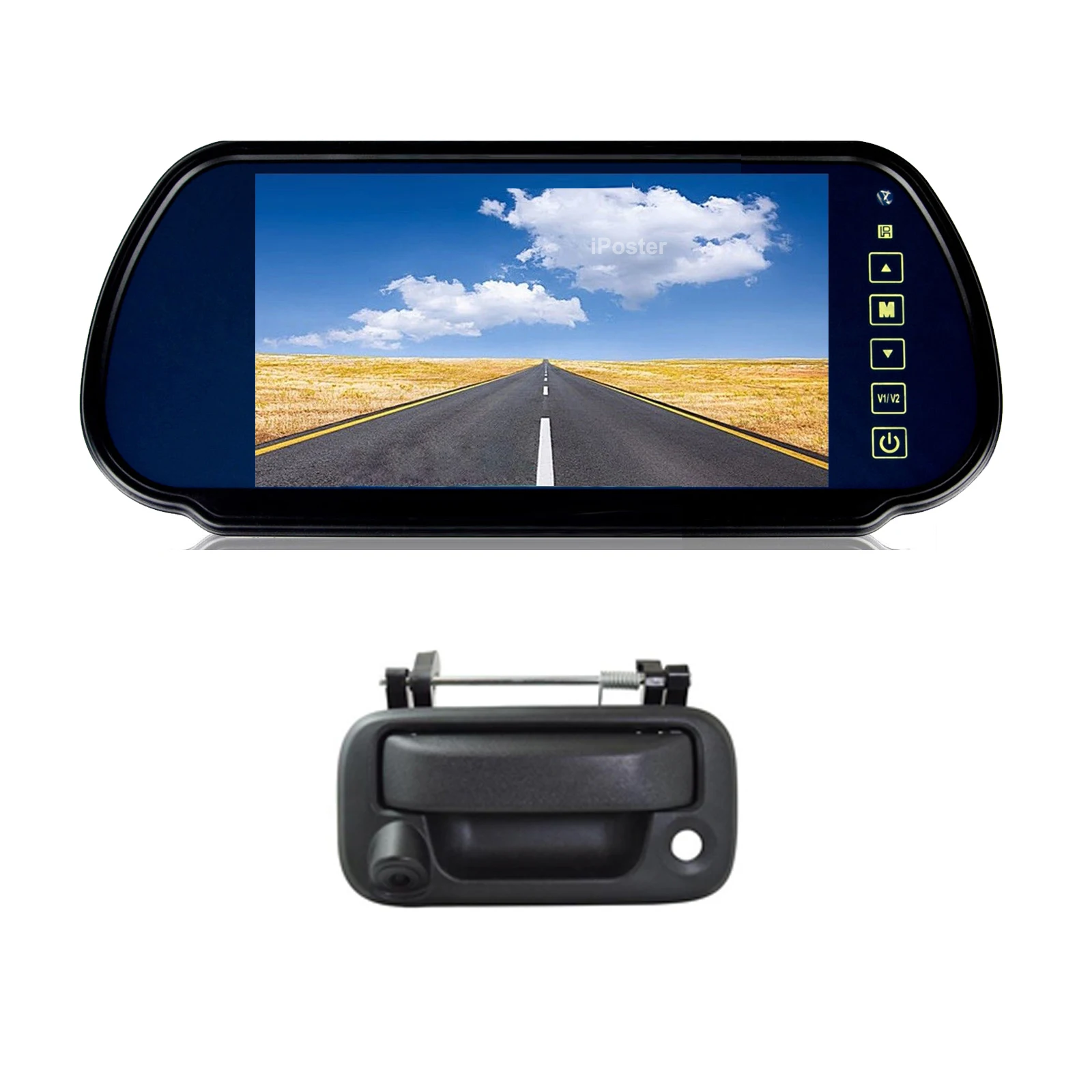 iPoster 7 Inch Car Rear View Mirror Monitor Touch Button Remote Control With Tailgate Handle Backup Camera