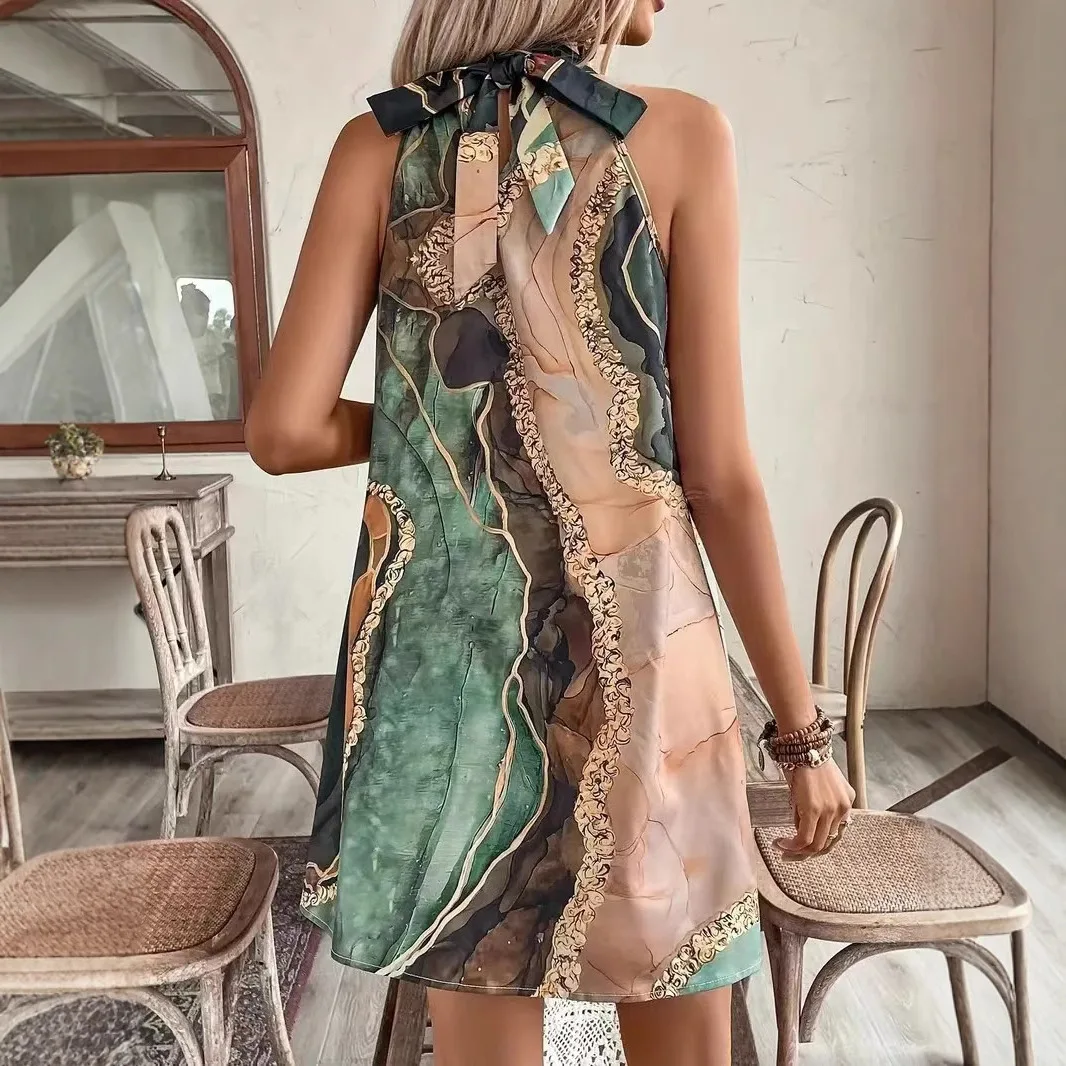 2025 primavera slim-fit hip-envolto sem mangas tripulação pescoço listrado impressão sexy mini vestido design cores contrastantes cw96942