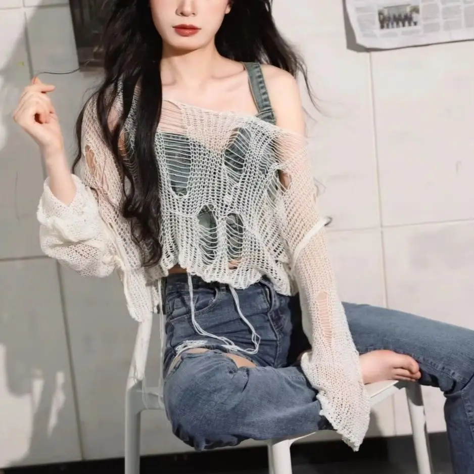 Women's Y2K Off Shoulder Cropped Knit Top Gyaru Goth Hollow Out Hole Sheer Long Sleeve Pullover Summer Streetwear Jumper