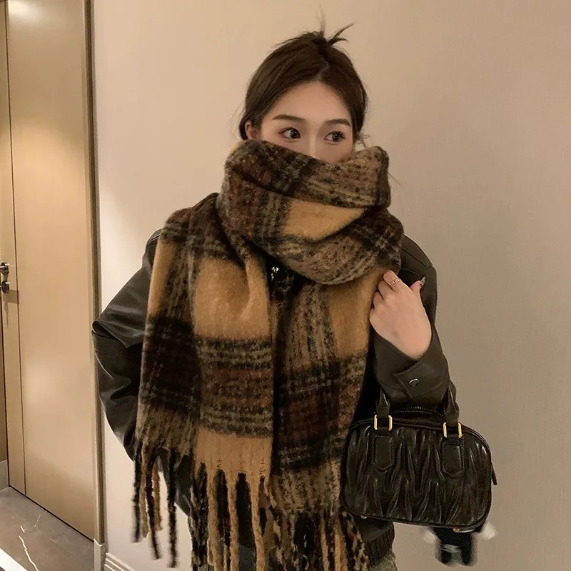 New Soft Winter Imitation Cashmere Scarf Plaid Color Blue Pink Brown  Long Tassel Scarves Mohair Thickened Wrap Shawls For Women