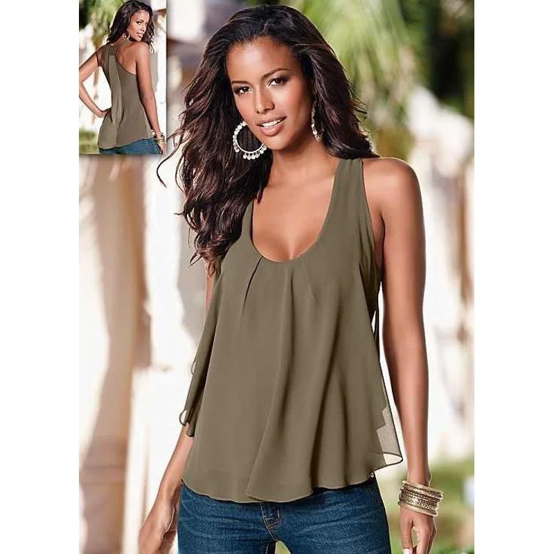 Csas sin Mangas con Costuras de Chifón 206, Ceco para Mujer, Ajuste Hoado, Lyocell y Aodón, ueso, Largo Medio, C...