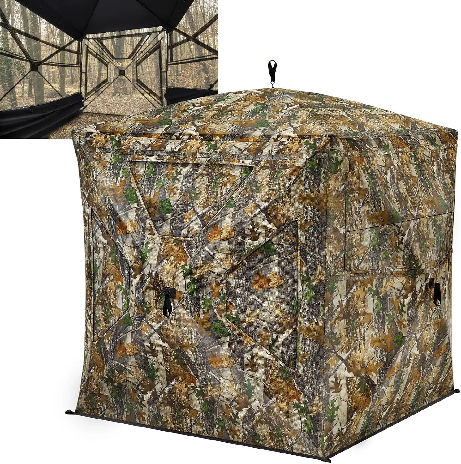 Hunting Blind 270°Full See Through with Windproof Curtain, Silent Magnetic Door & Sliding Windows, Pop Up Ground Blind with Carr