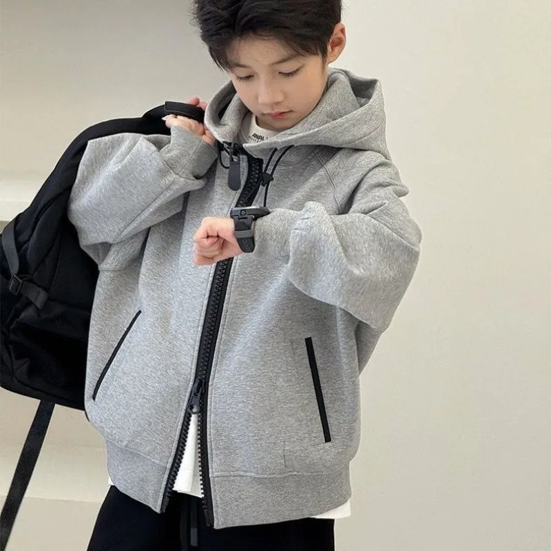 

Boys' Hooded Zip Up Sweater 2025 Spring Autumn Big Kids Stylish Open-Front Cotton Blend Casual Jacket