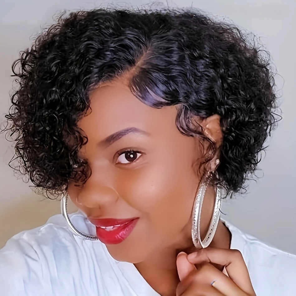 Deep Wave Curly Wave Pixie ตัดวิกผมผู้หญิง 13x1 T ลูกไม้ด้านหน้าวิกผมผมมนุษย์ผู้หญิง Pre - plucked Jerry Curl Human Hair